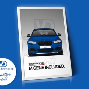 BMW M140i F2x &quot;M Gene Included&quot; Estoril Blue Poster Drawing Automotive Print Retro Classic Dealer Print