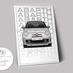 Fiat 500 595 695 Abarth (White) Special Edition Poster Drawing Automotive Print Retro Classic