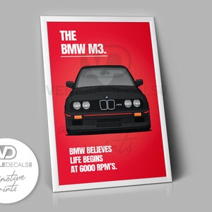 BMW E30 M3 &quot;6000 rpm&quot; Poster Drawing Automotive Print Retro Classic