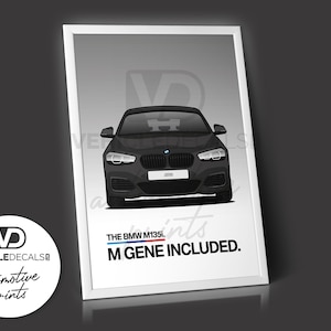 BMW M135i F2x &quot;M Gene Included&quot; Black Poster Drawing Automotive Print Retro Classic Dealer Print