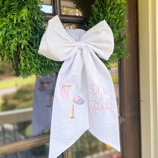 It's a Girl Wreath Sash, It's a Boy Wreath Sash, Baby Announcement Bow Sash, Stork Monogrammed Bow Sash,  Embroidered Bow Wreath Sash