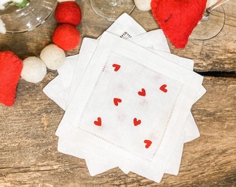 Mini Hearts Linen Cocktail Napkins, Embroidered Cocktail Napkins, Valentines Day Cocktail Napkins, Galentines Party, Valentines Day Party
