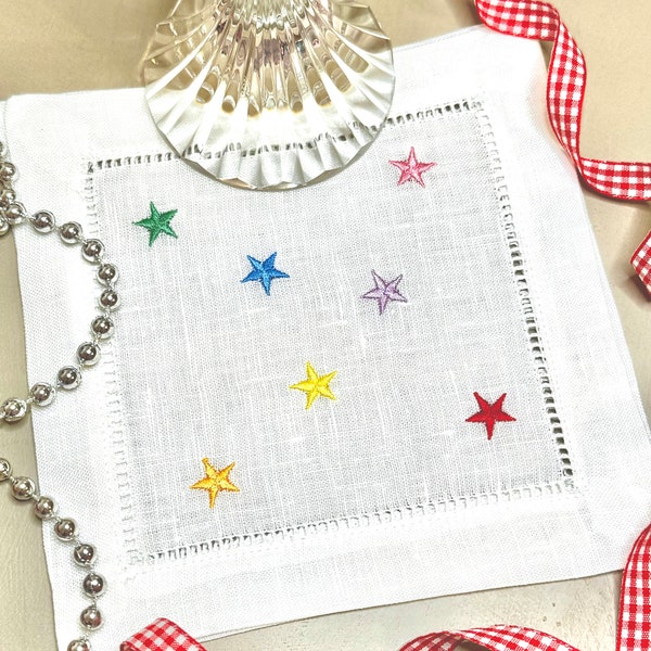 Mini Stars Linen Cocktail Napkins, Embroidered Cocktail Napkins, Celebration Cocktail Napkins, Birthday Party, Rainbow Party