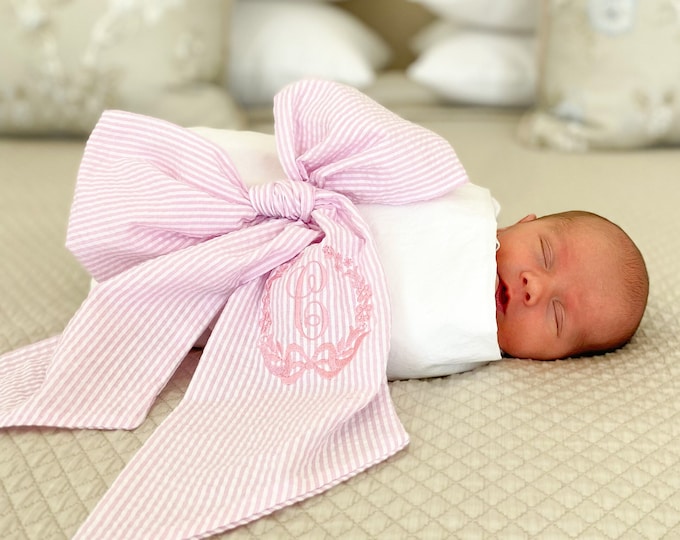 Monogrammed Bow Sash for Swaddle, Newborn Bow Sash, New Baby Gift, Bow