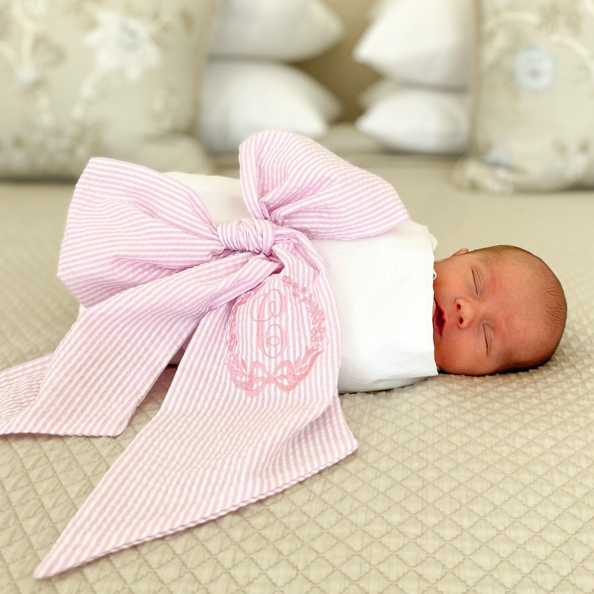 Monogrammed Bow Sash for Swaddle Newborn Bow Sash New Baby Gift Bow Wrap for Pictures Bow Sash for Baby Large Bow for Swaddle