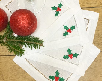 Christmas Holly Linen Cocktail Napkins, Embroidered Cocktail Napkins,