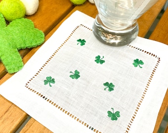 Mini Shamrock Linen Cocktail Napkins, Embroidered Cocktail Napkins, St. Patricks Day Cocktail Napkins, Bar Cart Accessories