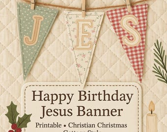 Gelukkige verjaardag Jezus banner afdrukbaar | Christelijk kerstdecor | Cottagecore-wimpelslinger
