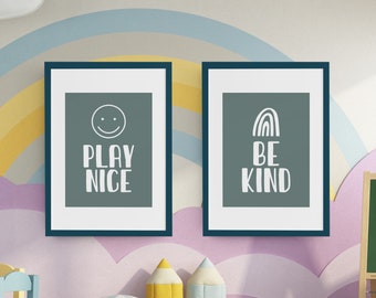 Speel aardig, wees vriendelijk en verspreid liefde | Klaslokaal decor, wees vriendelijk, boho, motiverende kunst aan de muur, digitale print, speelkamer decor, kinderkunst, leraar