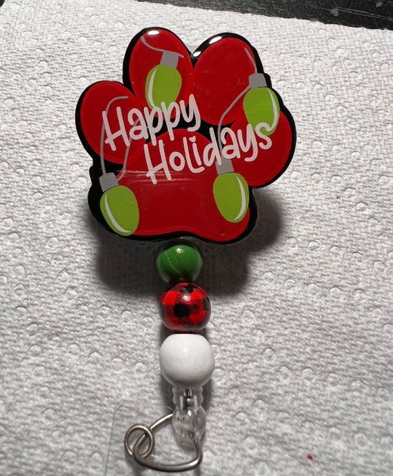 Happy Holidays Paw Print Badge Reel/ Pin