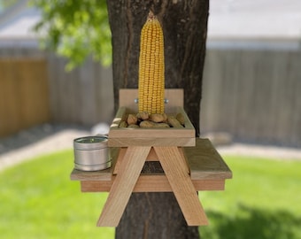 Cedar Squirrel Picnic Table Feeder: Corn Spike, Nut Guard, Water Dish - Large Size