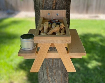 Cedar Squirrel Picnic Table Feeder: Nut Guard + Water Dish - Large Size