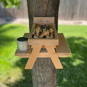 Large Squirrel Feeder Picnic Table (Nut Guard + Water Dish) - Feeder For Squirrels and Chipmunks - Fence, Deck or Tree Mount - Great Gift