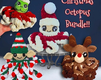 Könnte beinhalten: Ein Set aus vier gehäkelten Oktopus-Anhängern, jeder in einem anderen Weihnachtskostüm: Weihnachtsmann, Elf, Rentier und ein grüner Oktopus mit einer Weihnachtsmütze. Die Anhänger sind auf einem Tisch mit schneebedecktem Hintergrund ausgestellt. Der Text "Christmas Octopus Bundle!" ist über den Anhängern zu sehen.
