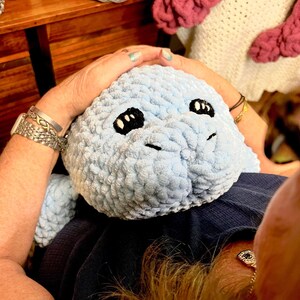 May include: A light blue crocheted plush toy shaped like a seal with black eyes. The toy is being held by a person wearing a blue shirt.