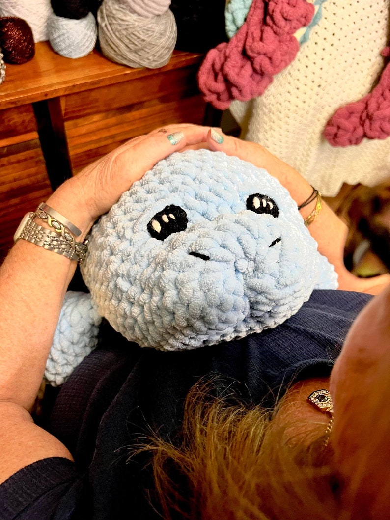 May include: A light blue crocheted plush toy shaped like a seal with black eyes. The toy is being held by a person wearing a blue shirt.