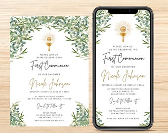 May include: A digital invitation for a First Communion celebration with a green leafy border and a gold chalice. The invitation includes the name "Nicole Johnson", the date and time of the event, the church location, and the address for the reception. The text "Please join us as we celebrate the First Communion of our daughter" is included.
