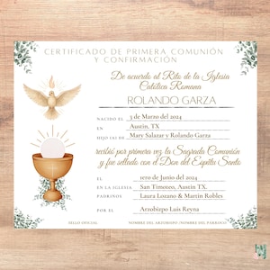 May include: A certificate for First Communion and Confirmation. The document features a gold chalice, a dove, and decorative watercolor floral elements. The text includes the name Rolando Garza, the date March 3, 2024, and the location Austin, TX.