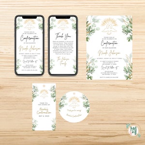 May include: A set of printable digital files for a confirmation party. The invitation features a dove with outstretched wings, a gold halo, and green watercolor leaves. The text reads "Please join us as we celebrate the Confirmation of our daughter Nicole Johnson".