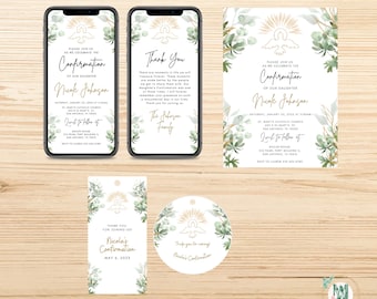 Confirmation Invitation Digital and Printable 5x7 and Favor tags  thank you tags  Template Canva Editable Catholic Gold Greenery Holy Spirit