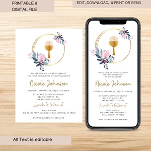 Digital First Communion Invitation Digital Communion Invitation Template Canva Editable Thank You Note Catholic Gold spring colors Printable