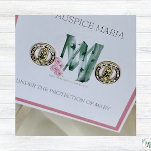 Our Lady of Guadalupe Earrings: Catholic Copper Studs with Cubic Zirconia