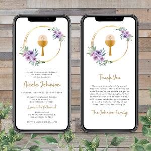 Digital First Communion Invitation Digital Communion Invitation Template Canva Editable Thank You Note Catholic Gold spring colors Girl
