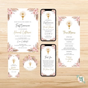 Erstkommunion Bundle. Erstkommunion Einladungen, Menükarte, Gunst Karten. Bearbeitbare Canva Vorlage Pink Beige Pampas
