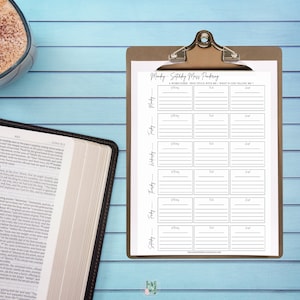 May include: A printable weekly planner with a black and white design. The planner includes space for a word or verse, thoughts, and goals for each day of the week. The title of the planner is "Monday-Saturday My Pondering".