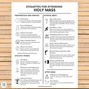 Puede incluir: Una guía impresa titulada "Etiquetas para asistir a la Santa Misa" con instrucciones para la preparación, durante la Misa y después de la Misa. La guía incluye iconos y texto en negro sobre un fondo color crema.