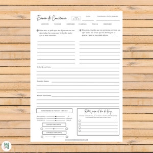 May include: A printable worksheet in Spanish for a self-reflection exercise called "Examen de Conciencia". The worksheet includes sections for different seasons of the liturgical year, including Advent, Christmas, Ordinary Time, Lent, Easter, and Ordinary Time. It also includes sections for reflecting on vices and virtues, and for setting goals for the day.