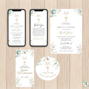 May include: A set of printable digital invitations for a First Communion celebration. The invitations feature a watercolor design with green leaves, gold accents, and a chalice with a dove. The text on the invitations includes the name "Nicole", the date of the event, and the location of the church and reception.