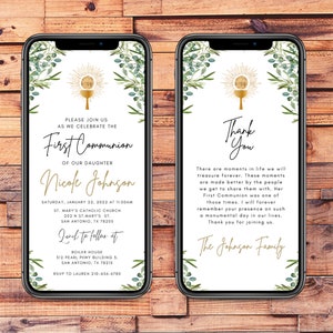 Digital First Communion Invitation Digital Communion Invitation Template Canva Editable Thank You Note Catholic Gold bohemian gender neutral