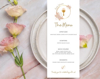 Digital Menu Template for First Communion Canva Editable Catholic Gold Pink Floral Printable