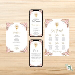 Erstkommunion Bundle. Digitale Einladungen zur Erstkommunion, Menükarte und Tischsitzplan. Bearbeitbare Canva Vorlage Pink Beige Pampas