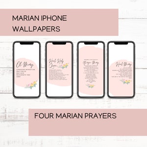 Pode incluir: Quatro papéis de parede rosa para iPhone com designs florais e texto. O texto inclui as seguintes orações: "Oh Mary", "Hail Holy Queen", "Hail Mary" e "Virgin Mary".