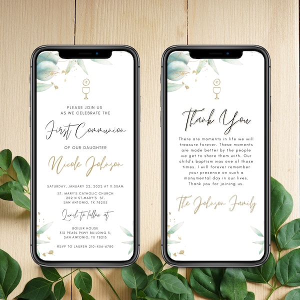 Boho Greenery First Communion Invitation & Thank You (Digital Download)
