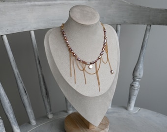 Asymmetric Freshwater Pink Pearl Necklace with Pendant. Original Pearls Necklace. Pink Pearls  and Gold Chains Necklace.