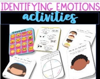 May include: A set of printable activity sheets for identifying emotions. The sheets feature various images, including emojis, faces, and a pie chart. The text "Identifying Emotions activities" is at the top of the image. The text "Bean's Self Corner" is at the bottom of the image.