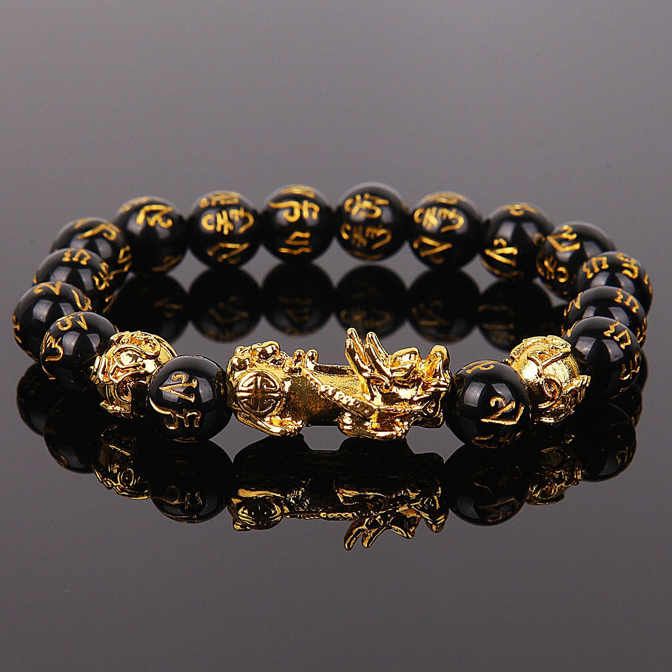 Money Stone Collection Feng Shui Black Obsidian PixiuOm mani Bracelet  Wealth Good Luck Dragon with Gold Plated Pi XiuPi Yao Attract Luck and  Wealth Beads Size SinglePixuBracelet  Amazonin Jewellery