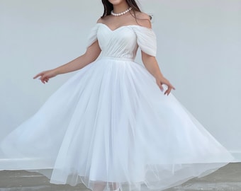 White Tulle Dress, Engagement Dress, Promise Dress, Low Shoulder Dress,  Corset Dress, Cocktail Dress, Evening Dress, Wedding Dress