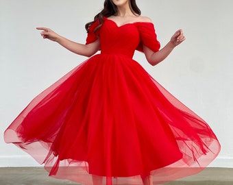 Red Tulle Dress, Engagement Dress, Promise Dress, Low Shoulder Dress, Corset Dress, Evening Dress, Wedding Dress, Henna Dress