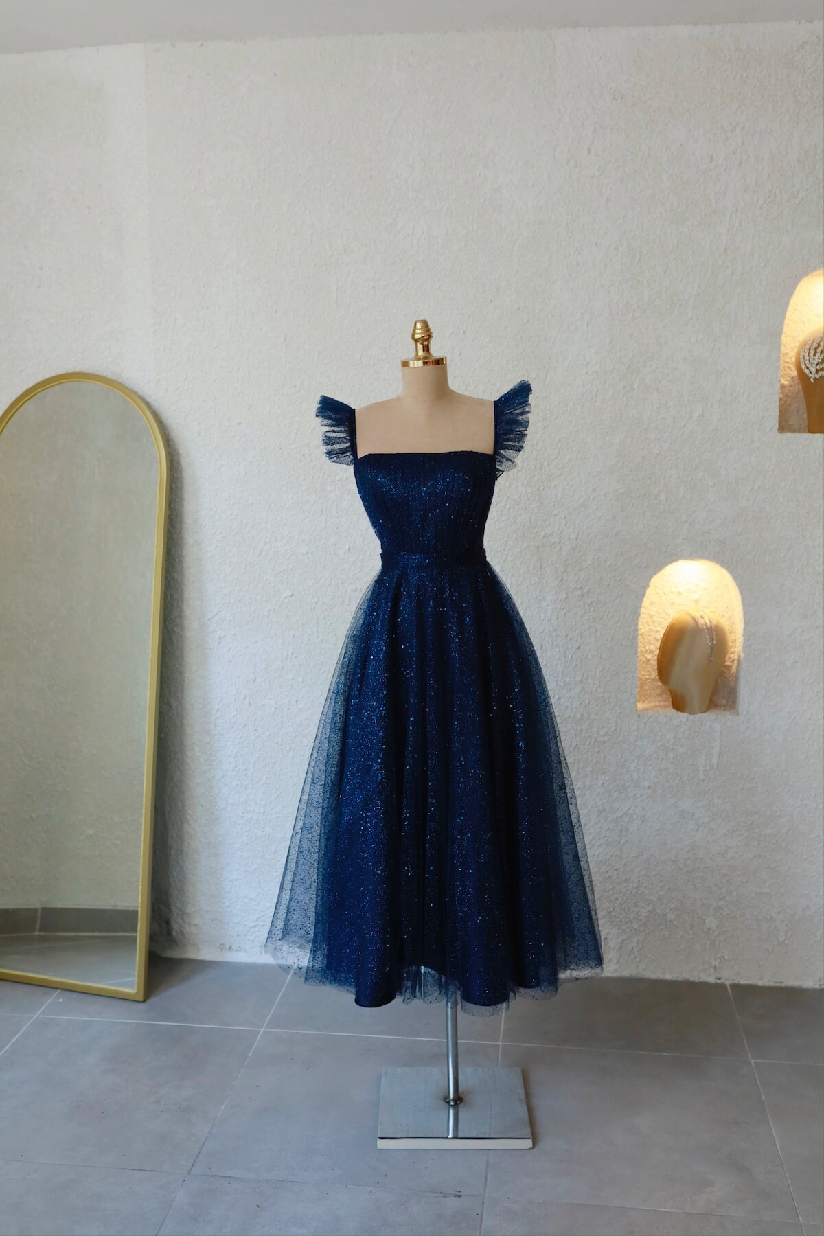19248 Navy Blue Embroidered Tulle Attached Jacket Dress