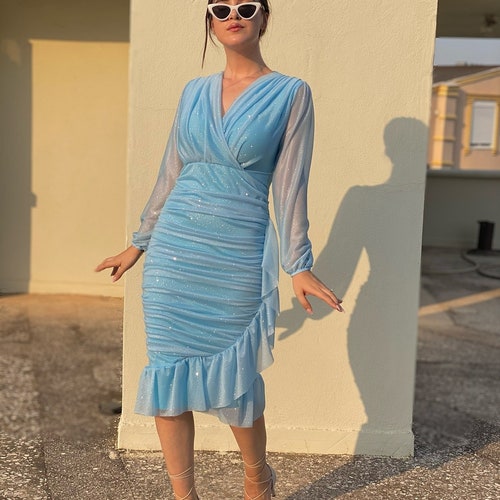 Blue Midi Size Cocktail Dress, Evening Dress, Promise on sale Dress, Graduation Dress, Engagement Dress, Birthday Dress, Wedding Guest Dress