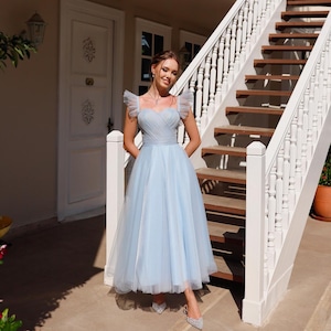 Sofia Blue Tulle Midi Dress: Romantic Evening Gown