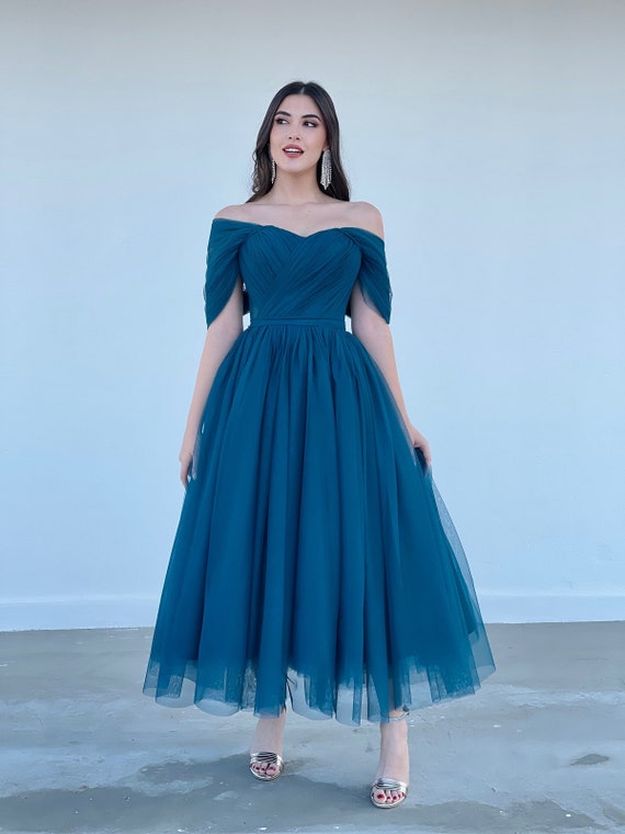 Vestido Tul Azul Petróleo Vestido De Compromiso Vestido - Etsy México