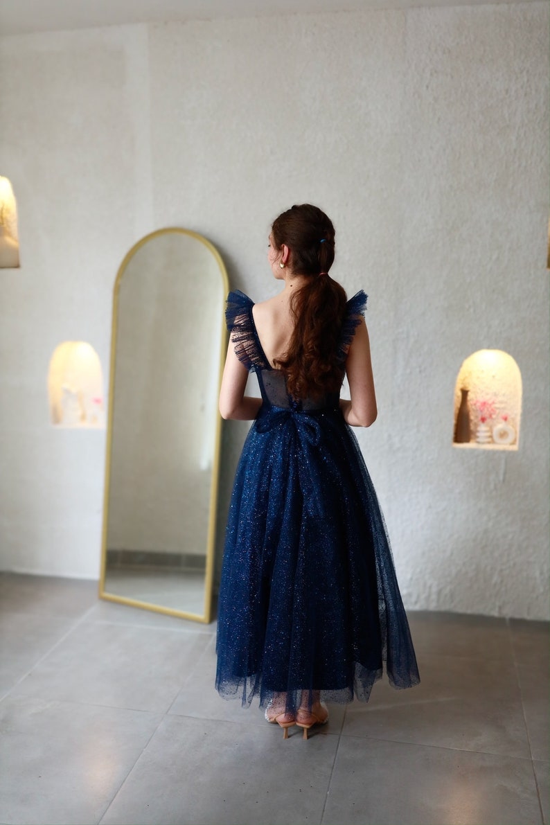 1400 Navy Blue Pearl Embroidered Tulle Dress
