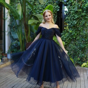 Clara Navy Blue Pearly Dress, Wedding Guest Gown,Bridal Gown, Engagement Gown, Civil Wedding,Bridal Ceremony, Courthouse Wedding