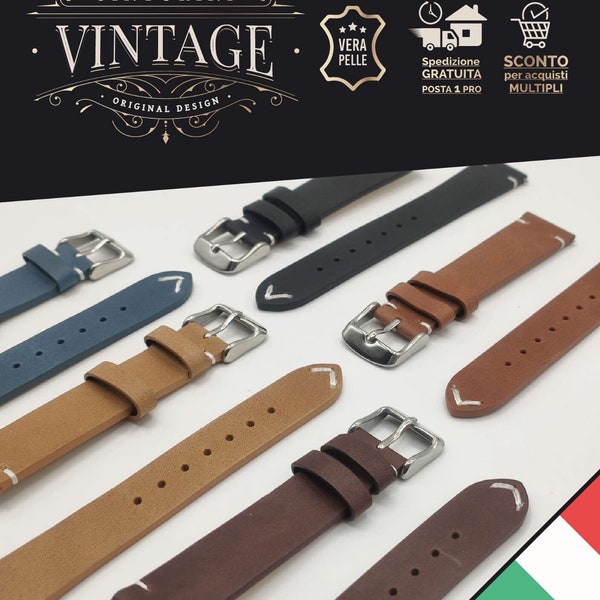 Cinturino orologio strap vera Pelle impunture e Cuciture, Nero Marrone Blu Beige 18 20 22mm vintage lacci  diver elegante luxury watch