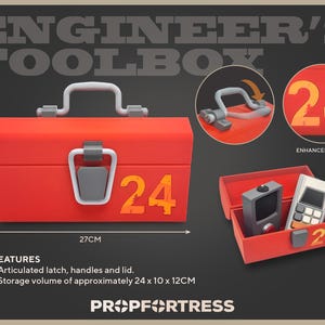 May include: Red Engineer's Toolbox with the number 24. The toolbox has a white handle and latch. The toolbox is 27cm long and 14.7cm high. The storage volume is approximately 9.4 x 3.9 x 4.7 inches. The toolbox is open in a smaller image, revealing two devices.
